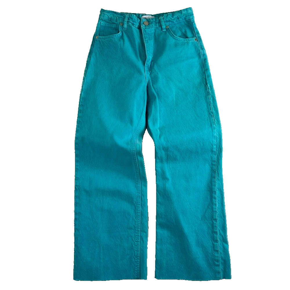 Zara Jeans Women's Size 4 Turquoise Blue Green Wide Leg High Rise Raw Hem